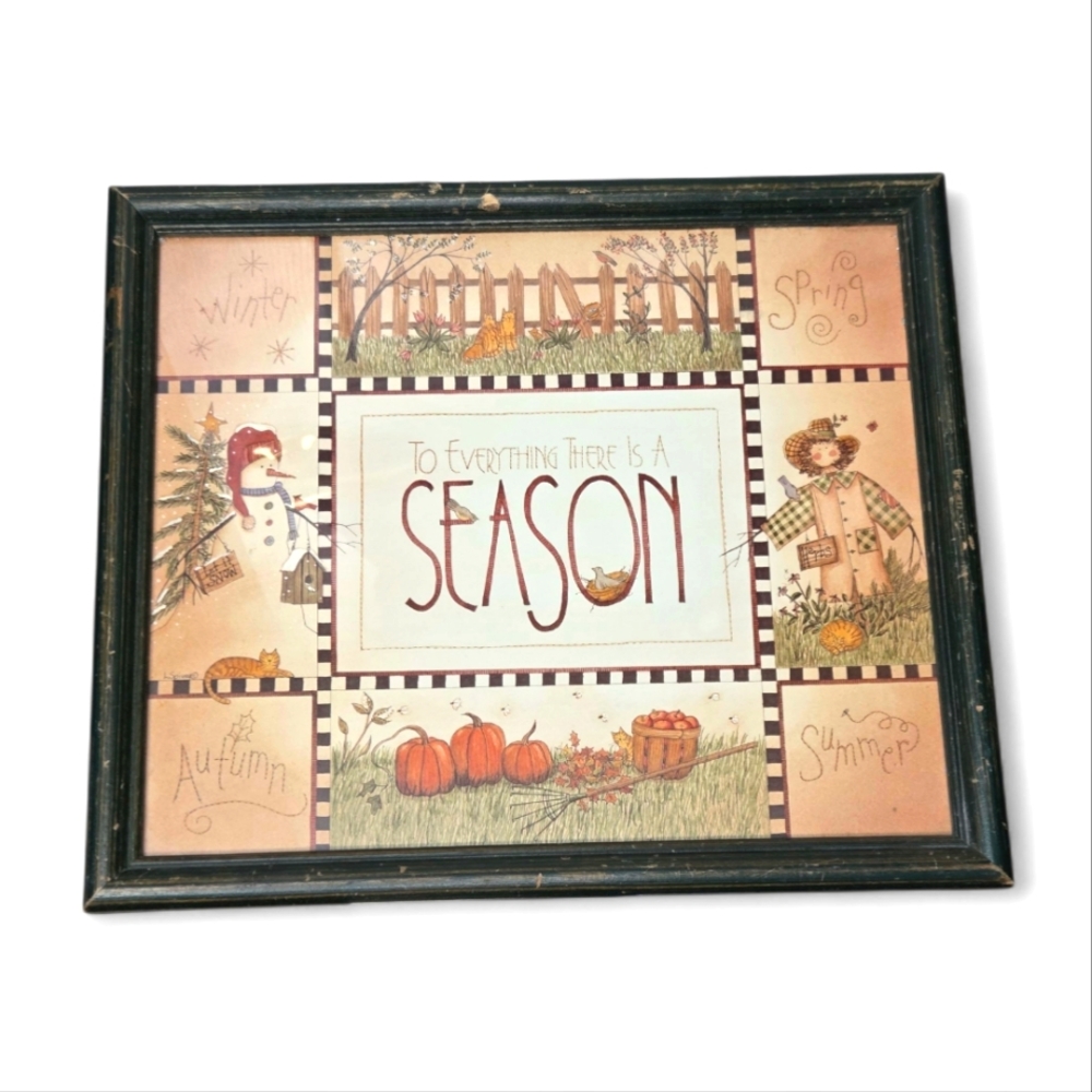 Primitive Folk Art Framed Wall Art Seasonal Country Decor Snowman‎ Scarecrow